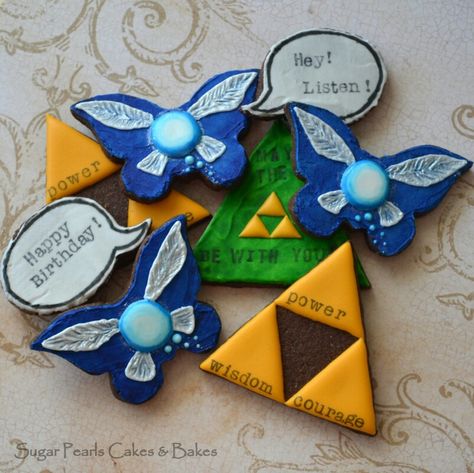 Zelda birthday cookies/geekycookies/ Legend of Zelda/Navi/Triforce Zelda Gender Reveal, Zelda Cookies Decorated, Legend Of Zelda Cookies, Zelda Birthday Party Decorations, Zelda Cookies, Zelda Cupcakes, Sugar Cookie Decorating Ideas, Legend Of Zelda Navi, Zelda Navi