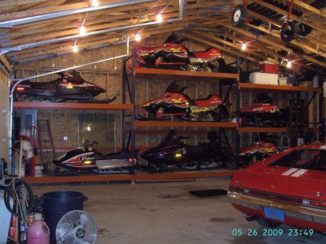 snowmobile storage Garage Snowmobile Storage, Snowmobile Storage Rack, Snowmobile Gear Storage, Snowmobile Garage, Snowmobile Storage, Barn Remodel, Big Garage, Motorcycle Storage, Garage Guest House