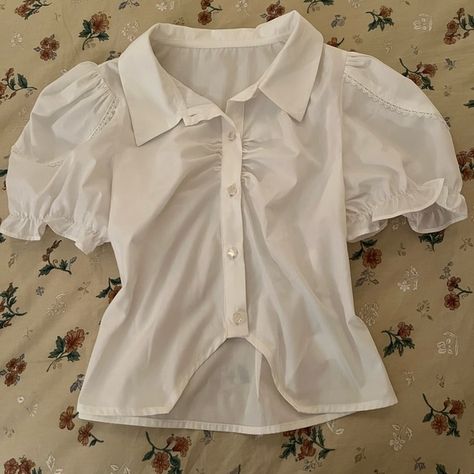 Puff sleeve button up blouse Puffy Sleeve Button Up, Frilly Button Up Shirt, White Top With Puffy Sleeves, Puff Sleeve Button Up, White Puff Sleeve Shirt, Fancy White Shirt, Puffy Sleeve Top Outfit, Flowy Button Up Shirt, White Puffy Sleeve Top