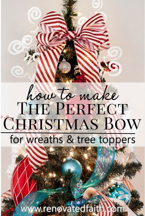 How to Make a Christmas Bow - Mind BLOWN, it's so easy! - This bow tutorial can be used for Christmas wreaths, holiday presents, hair, Christmas wreaths, for tree toppers and other decorations. Use any ribbon. #easycrafts #christmasdecor Burlap Bow Tutorial, Making Bows For Wreaths, Easiest Burlap, Toppers Diy, Christmas Wreaths Diy Easy, Diy Christmas Wreaths, Tree Topper Bow, Christmas Tree Bows, Burlap Bow