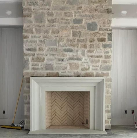 Mcgee Stone Fireplace, Limestone Surround Fireplace, Stone Face Fireplace, Indoor Fireplace Stone, Classic Stone Fireplace, Stone Fireplace In Kitchen, Hearth Material Ideas, Stone Fireplace With Marble Hearth, Shiplap Wall With Stone Fireplace