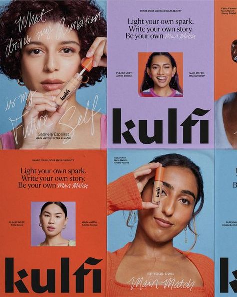 Badal Patel ☁️ on Instagram: "STILL CAN’T BELIEVE KULFI IS ON SEPHORA.COM 🤩🤗💕🥳 Teenage Badal would be crying…but let’s be real…32 year old Badal is actually crying. I’m so proud of this work and this team. Congratulations @kulfi.beauty @priyankaganjoo Campaign, packaging, art direction, and product naming for Kulfi’s new concealer, Main Match. We chose to cast from our Kulfi community and all this beautiful representation makes me so happy. Thank you to everyone involved! Creative: @bybadal Write Your Own Story, Graphics Layout, Campaign Posters, Brand Campaign, Social Media Design Inspiration, Skincare Video, M Beauty, Spring Design, Branding Design Inspiration