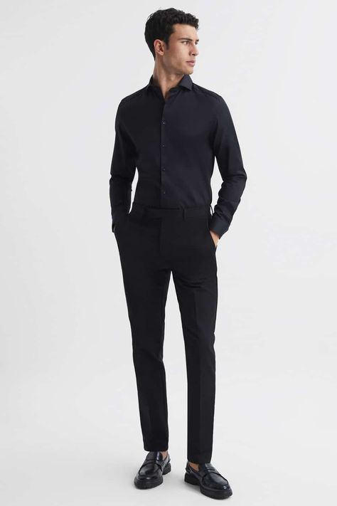 Black Dress Shirt Black Pants Men, Black Dress Pants White Button Up Men, All Black Wedding Men Outfit, All Black Dress Shirt And Pants Men, Black Shirt Suit Outfit Men, Black Dress Shirt And Pants Men, Men’s Black Dress Pants Outfit, Suit And Loafers Men, Black Shirt Black Pants Outfit Men