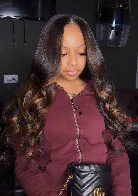 Sew In Leave Out With Color, Brown Highlights On Black Hair Quick Weave, Leave Out Sew In Weave Middle Part With Highlights, Sew In Hairstyles With Color Highlights, Sew In Hairstyles With Leave Out Color, Ombré Sew In, Colored Sew In With Leave Out, Black And Brown Sew In, Sew In Weave With Closure Color