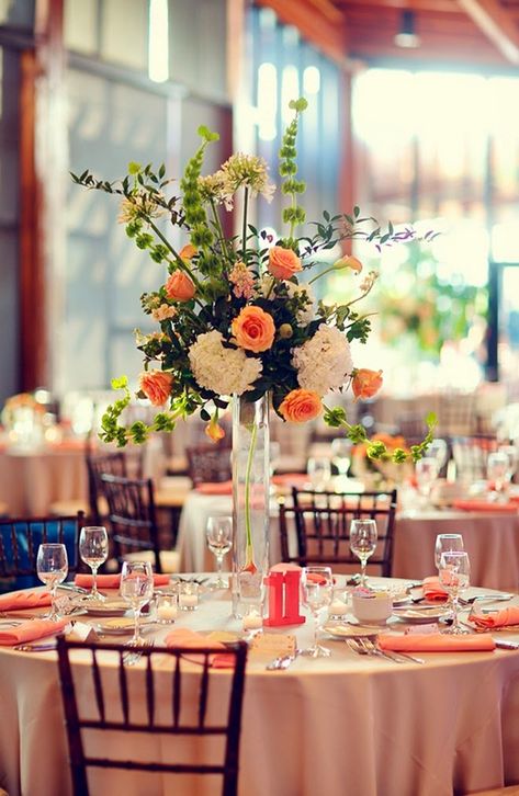 Real Wedding: Tangerine and Coral Spring Dreams Coral Centerpieces, Coral Wedding Flowers, Wedding Chair Sashes, Wedding Themes Spring, Peach Wedding Flowers, Aisle Runners, Coral Wedding, Peach Wedding, Coral Peach