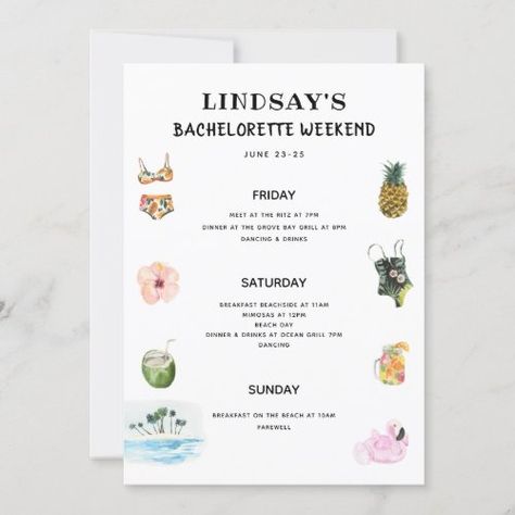 Beach Bikini Bachelorette Itinerary for $2.85 - Bachelorette Card Night Gender, Breakfast On The Beach, Party Timeline, Tropical Bachelorette Party, Itinerary Invitation, Party Itinerary, Bachelorette Weekend Itinerary, Bachelorette Itinerary, Bachelorette Party Beach