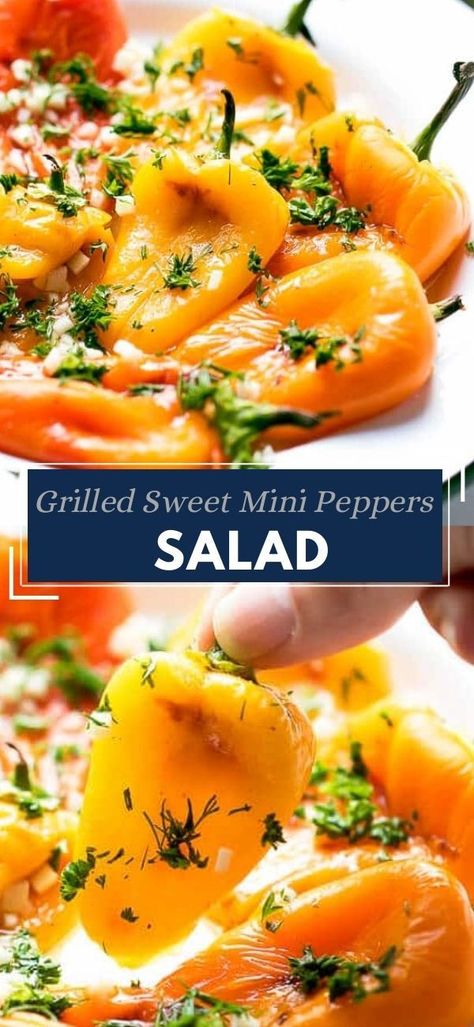 Grilled Sweet Mini Peppers Salad Recipe – the perfect, simple and delicious summer salad or an appetizer. Very easy to make, all you need to do is grill the, peel them and add an amazing flavor with a delicious marinade. Peppers Salad, Mini Peppers, Salad Appetizer, Stuffed Mini Peppers, Creative Desserts, Appetizer Salads, Summer Salad, Ultimate Comfort Food, Seasonal Recipes