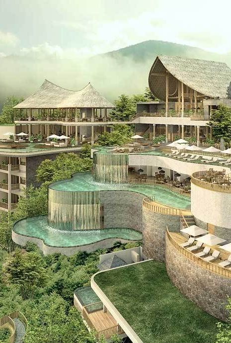 Kayon Jungle Resort, Jungle Pool, Resort Hotel Design, Resort Plan, Jungle Resort, Resort Architecture, Bamboo Architecture, Tropical Architecture, Resort Design