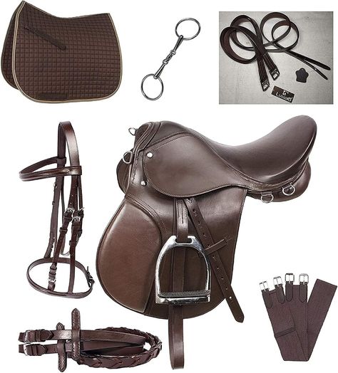 PRICES MAY VARY. Brown Saddle and bridle makes the perfect choice training aid. Bridle features features double layered noseband for durability with a 7/8" width. All hardware is stainless steel. Set of 5/8" wide by 7' long reins complete the set. Saddle The soft leathers are great quality at an even better price High quality rubber pad has assembled on the stirrups for safe and comfortable riding,don't worry about slipping your feet during cycling to protect your safety These well-made leathers Australian Saddle, Equestrian Style Outfit, Horse Barn Ideas Stables, Horse Saddle Pads, Goofy Dog, Riding Horse, English Riding, Dressage Horses, Hunter Jumper