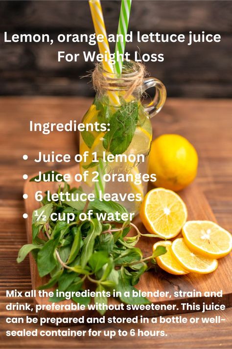 Recipe for a weight loss juice including lemon juice, orange juice, lettuce leaves, and water. Water Mixes, Juice Recipe, Lettuce Leaves, Detox Juice, Juicing Recipes, Orange Juice, Healthy Drinks, Lemon Juice, Lettuce