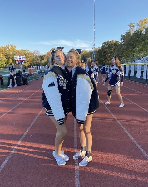 Highschool Varsity Jacket, Highschool Cheer, Cheer Jackets, America Aesthetic, Senior Jackets, Cheer Pics, Cute Cheer Pictures, High School Cheer, Cheer Athletics