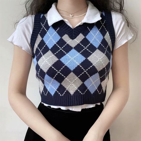 *material* 100% Knitted acrylic *Model information* Height: 165cm Weight: 55kg Wearing size S *size chart* Size S : bust 72-77, waist 66-71, length 38, shoulder width 29 Size M : bust 76-81, waist 70-75, length 40, shoulder width 30 Size L : bust 80-85, waist 74-79, length 42, shoulder width 31 Plaid Sweater Vest, Vetements Clothing, Retro Baby, Plaid Sweater, Sweater Vest Women, Vest Outfits, Mode Streetwear, Sleeveless Sweater, Knit Vest