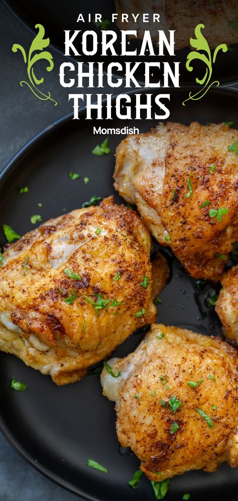 These air fryer Korean chicken thighs are so easy to make and are prepared in under 30 minutes. The chicken stays moist on the inside and has a crispy, skin on the outside! Air Fryer Chicken Thighs Bone In, Korean Chicken Thighs, Air Fryer Potato Chips, Make Chicken Broth, Air Fryer French Fries, Air Fryer Chicken Thighs, Potato Chip Recipes, Air Fryer Baked Potato, Bone In Chicken Thighs