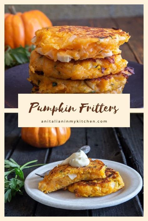 Fresh Pumpkin Recipes, Pumpkin Fritters, Savory Pumpkin Recipes, Pumpkin Dishes, Potato Fritters, Fresh Pumpkin, Pumpkin Squash, Savory Appetizer, Squash Recipes