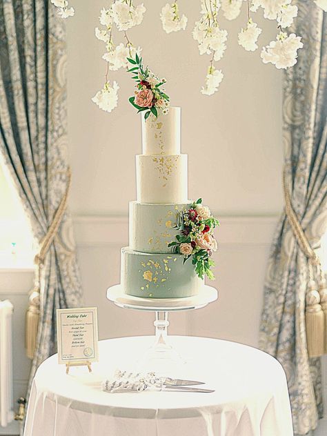 Sage green, gold leaf, buttercream, white, elegant, timeless wedding cake Green Ombre Wedding Cake, Sage Green Buttercream, Cake With Edible Gold, Ombre Wedding Cake, Green Buttercream, Tall Wedding Cakes, Gold Leaf Cakes, 4 Tier Wedding Cake, Wedding Cake Ombre