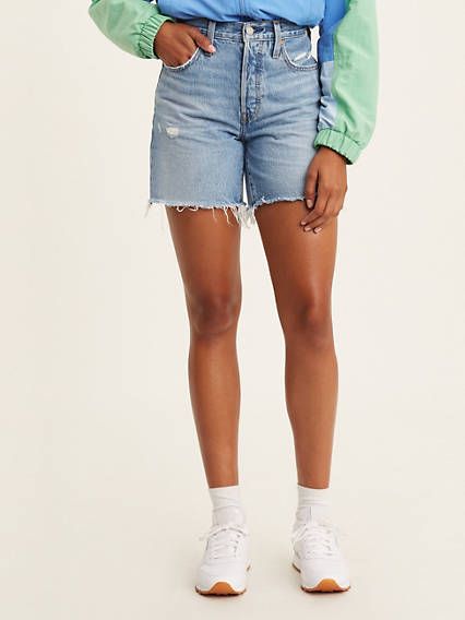 501® Original High Rise Mid-thigh Women's Shorts - Black | Levi's® US Mid Thigh Shorts Outfit, Long Shorts Women, Long Jean Shorts, Long Denim Shorts, Mid Thigh Shorts, Cut Off Jean Shorts, Fashion Shorts, Summer Capsule, Casual School Outfits