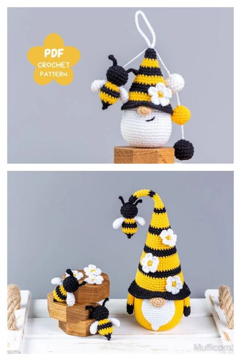 Bee Gnome Crochet Patterns Easy Gnome Patterns Free, Crochet Bee Gnome, Crochet Bee Gnome Free Pattern, Free Crochet Gnome Pattern, Free Gnome Crochet Pattern, Crochet Gnomes Free Pattern Easy, Crocheted Bees, Crochet Bee Pattern Free, Crochet Gnomes Free Pattern