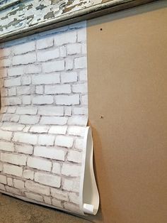 Fireplace With Faux Brick, Brick Wallpaper Fireplace, Diy Fireplace Ideas, Distressed Fireplace, Varathane Wood Stain, Fireplace Box, Diy Christmas Fireplace, Arched Wall Decor, Cardboard Fireplace