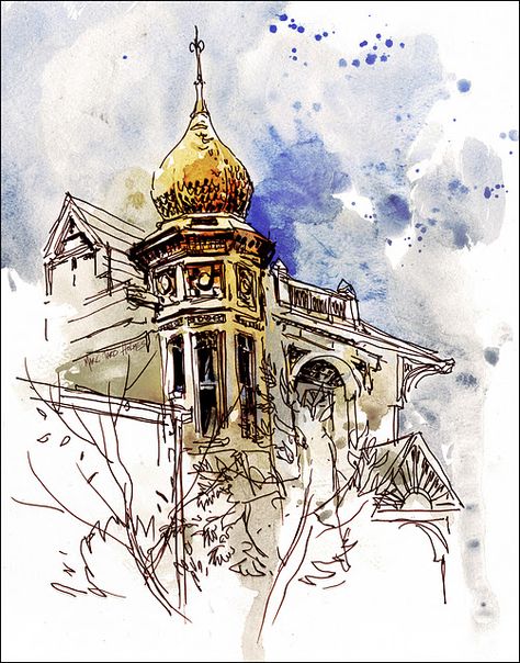 {Urban Sketchers} Gorgeous sketch, but I also really love the flow of the image. Truck Watercolor, Watercolour Sketchbook, Watercolor Architecture, Architectural Sketch, Cat Air, Urban Sketchers, Pen And Watercolor, Watercolor Sketch, Urban Sketching