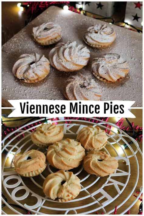 Mince pies with cranberry and almond mincemeat filling and a Viennese whirl biscuit topping - so pretty and perfect to break with the traditional pastry topped mince pies! Mincemeat Tarts, Mincemeat Cake, Mincemeat Recipe, Christmas Pies, Fruit Mince Pies, Viennese Whirls, Mince Pies Christmas, Almond Meal Cookies, School Dinners