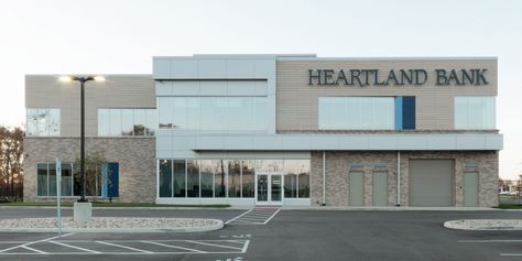 Heartland Bank | Facade & Architecture | Concrete Bank Facade Design, Bank Exterior Design, Bank Exterior, Bank Facade, Architecture Concrete, Exterior Facade, Company Building, Facade Cladding, Banks Building