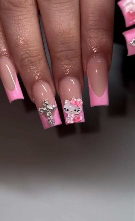 Nails With Hello Kitty Charms, Hello Kitty Charm Nails, Pink Hello Kitty Nails, Alt Nails, Pokemon Nails, Charms Nails, Paznokcie Hello Kitty, Hello Kitty Nails Art, Kylie Nails