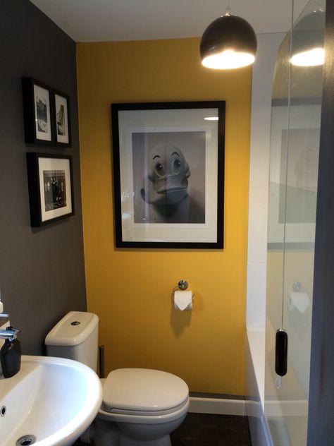 Tiny Yellow Bathroom Ideas, Yellow Bathroom Walls Ideas, Yellow Aesthetic Bathroom, Mustard Yellow Powder Room, Yellow Half Bathroom Ideas, Mustard Color Bathroom, Yellow Toilet Bathroom, Yellow Restroom, Yellow Wall Bathroom