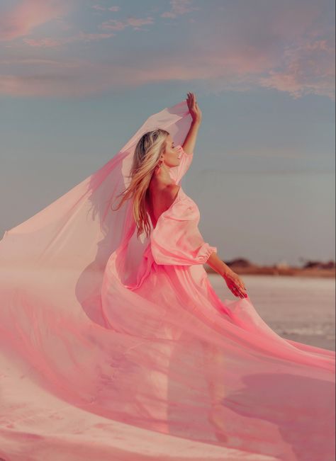 Ocean Dress Photoshoot, Thirty Photoshoot, Flowy Dress Photoshoot, Circle Skirt Outfits, Pink Flowy Dress, Confetti Dress, Big Dress, Waterfall Photo, Dress Photoshoot