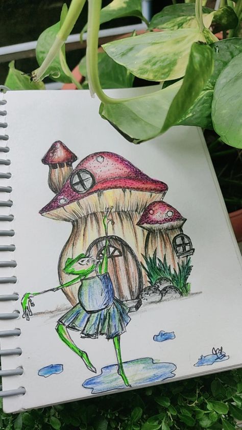 Frog dancing under rain Mushroom house inspired by Pinterest Mushroom House Sketch, Frogs Drawing, Frog Mushroom, Frog House, Frog Sitting, Frog Drawing, House Sketch, Disney Phone Wallpaper, Mushroom House