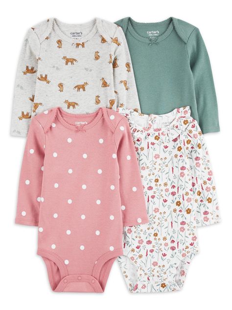 Arrives by Fri, Jan 26 Buy Carter's Child of Mine Baby Girl Bodysuit, 4-Pack, Sizes Preemie-18 Months at Walmart.com Carters Size Chart, Body Manga Longa, Baby Basics, Carters Girl, Cotton Bodysuit, Carters Baby, Baby Outfits, Unisex Baby, Long Sleeve Bodysuit