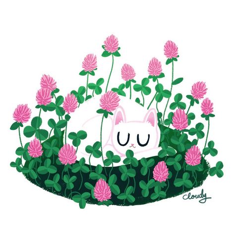 Cloudy - illustrator on Instagram: “Clover cat ☘🍀☘ 15/100 #100daysproject  Can you find the four leaf clover?”#illustration #cat #cats #drawing Red Clover Illustration, Cute Four Leaf Clover Drawing, 4 Leaf Clover Illustration, Four Leaf Clover Illustration, Clover Illustrations, Clover Drawing, Redbubble Ideas, Clover Plant, Animal Studies