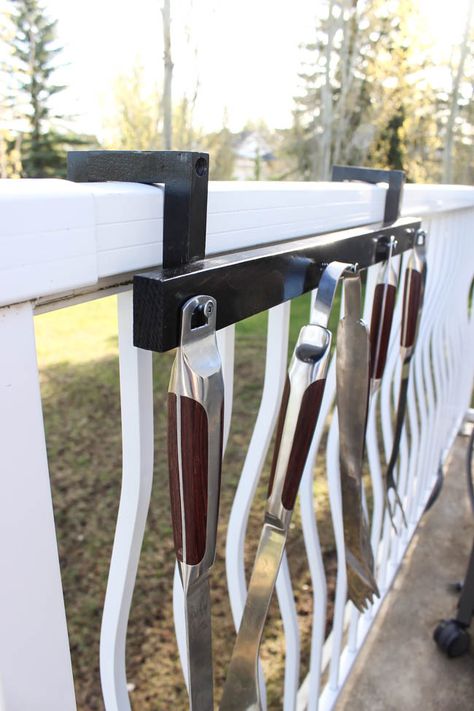 Build the perfect deck accessory in just 10 minutes with this DIY BBQ utensil holder. Modify it to fit your own deck rails. Perfect DIY for men! Any husband, father, or guy who likes BBQing would love one! Bbq Utensil Storage, Bbq Tools Storage, Utensils Holder Diy, Bbq Utensil Holder, Deck Rails, Grill Accessories Storage, Deck Accessories, Diy Bbq, Grilling Utensils