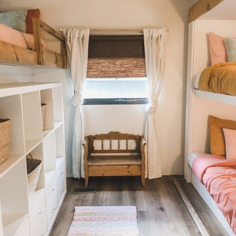 Vibe Bunk Room Renovation Camper Bunk Bed Ideas, Camper Bunk Beds, Rv Bunk Beds, Bunk Room Ideas, Rv Interior Remodel, Camper Interior Design, Diy Camper Remodel, Rv Renovations, Camper Makeover