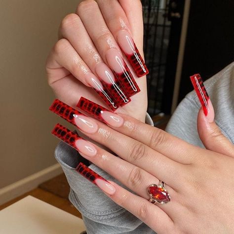 Red Black Nails, Red Acrylic Nails, French Tip Acrylic Nails, Her Nails, Red Nail Designs, Long Acrylic Nails Coffin, Square Acrylic Nails, Luxury Nails, Fire Nails