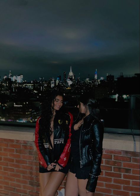 #nyc #rooftop #girlsnightout #club #nycbabe #dancing #vibes #nightlife #night #nightoutwomensfashion #skyline #nycskyline #leatherjacketoutfit #leatherjacket #besties Skyline Outfit, Recruitment Photoshoot, Nyc Night, Nyc Rooftop, Nyc Skyline, Leather Jacket Outfits, Girls Night Out, Night Life, Dancing