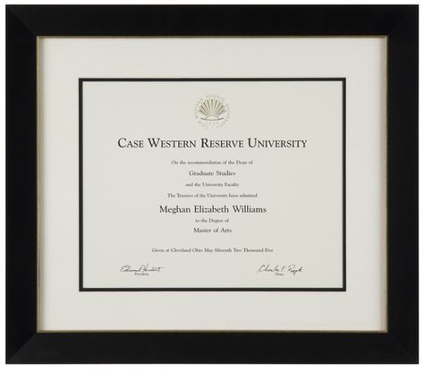 Artists Frame Service | Diploma in simple black frame and double mat Framed Diploma Ideas, Marriage Certificate Display, Diploma Display, Degree Frame, Gentlemans Study, Case Western Reserve University, Diploma Frame, Certificate Frames, Photo Frame Display