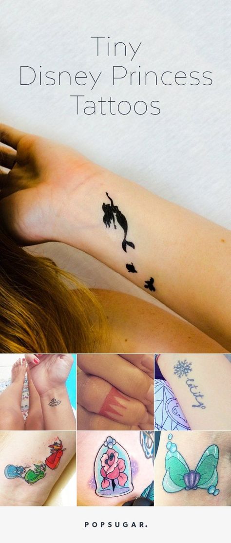 There's no reason you shouldn't make your Disney princess obsession permanent. You can show your love for all our favorite ladies with a tiny tattoo that will make a small and sweet statement. Princess Tattoos, Disney Princess Tattoo, Princess Tattoo, Kunst Tattoos, Hawaiian Tattoo, Disney Tattoo, Tiny Tattoo, Diy Tattoo, Tattoo Feminina