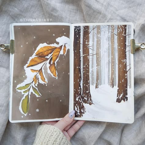 Winter Art Watercolor, Winter Gouache, Gouache Autumn, Christmas Gouache, Gouache Christmas, Winter Sketchbook, Autumn Sketchbook, Watercolour Painting Ideas, Winter Drawing Ideas