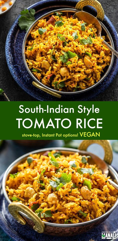 Rice And Vegetables, Vegan Indian Recipes, Indian Rice Recipes, Tomato Rice, Indian Recipe, Vegan Side Dishes, South Indian Food, Indian Food Recipes Vegetarian, Samosa