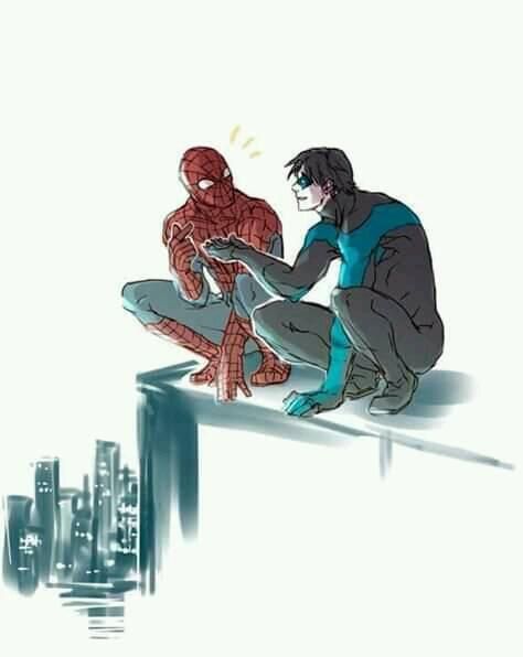 Perfect wallpaper for those out there. You know who I'm talking about 😏 Spiderman Dc Crossover, Robin And Spiderman, Nightwing And Spiderman, Dc And Marvel Crossover Art, Dc Marvel Crossover, Spiderman And Batman, Batman And Spiderman, Marvel And Dc Crossover, Univers Dc