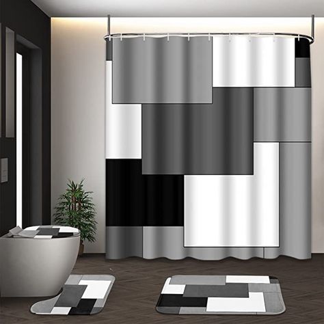 Tayney Grey Geometric Shower Curtain Sets with Toilet Lid Cover and Non-Slip Rugs for Bathroom, Black White Checkered 4 Pcs Shower Curtain Set, Modern Abstract Bathroom Set with 12 Hooks Bathroom Black White, Abstract Bathroom, Gray Shower Curtains, Bathroom Ambiance, Rugs For Bathroom, Geometric Shower Curtain, Bathroom Black, Blue Shower Curtains, Abstract Shower Curtain