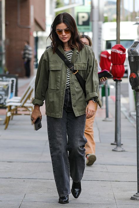 Fall Green Jacket Outfit, Lucy Hale 2023, Unpolished Casual, Khaki Jacket Outfit, Lucy Hale Outfits, Green Jacket Outfit, Lucy Hale Style, Green Denim Jacket, London Outfit