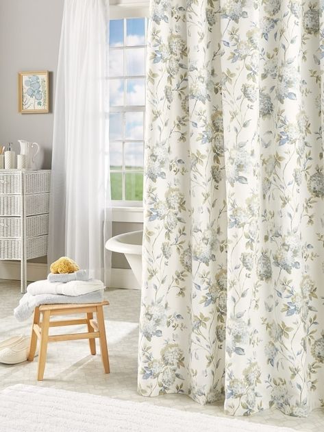 Cottage Showers, Vintage Hydrangea, Coastal Shower Curtain, Vintage Shower Curtain, Hydrangea Print, Linen Cabinets, Floral Shower Curtain, Flower Shower Curtain, Pretty Bathrooms