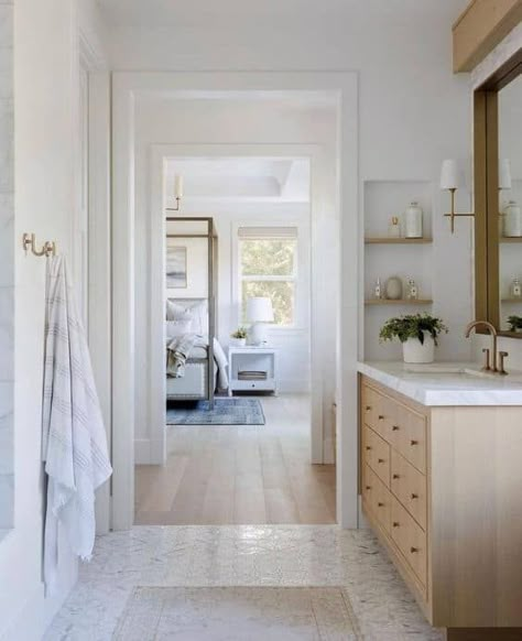 Calming Bathroom, Natural Wood Bathroom Vanity, Pure Salt Interiors, Wood Bathroom Vanity, Wall Niche, Cabinet Color, Bathroom Design Inspiration, Morning Person, Wood Vanity