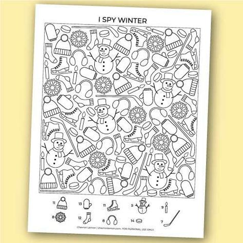 Free printable I spy winter is a fun game for kids. This page features pictures of winter-related things, such as snowflakes, hats, mittens, socks, ice skates, hockey sticks, and more. It is a great winter boredom buster, that adults can enjoy as well. Download the file and print it at home or your local print shop. You can laminate the page to use it more than once. They might want to color this page, too! Enjoy! Seek And Find Printables Hidden Pictures Winter, I Spy Winter, Origami Jewelry Box, Tacky The Penguin, Hidden Picture Puzzles, Afghan Crochet Patterns Easy, Hockey Birthday, Papercraft Printable, Hockey Sticks