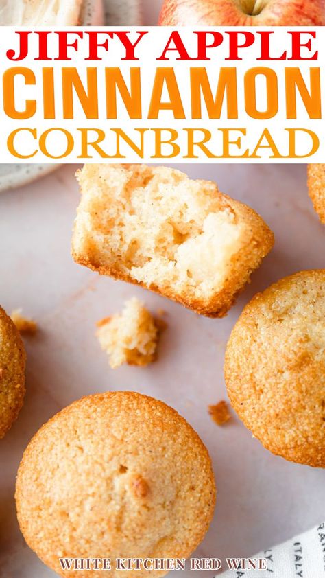 What happens when you take a classic cornbread recipe and mix it with sweet apples and fragrant cinnamon? A mouthwatering upgrade on a traditional favorite that’s perfect for fall (or year-round in our house!). So the key to these easy-to-make cinnamon cornbread muffins is JIFFY CORN MUFFIN MIX. (actually, any cornbread muffin mix but I love me some Jiffy). | @whitekitchenredwine #jiffycornbreadmix #applecornbread #easyhomemadeapplecornbread #cornbread #applecinnamoncornbread Corn Muffin Mix Recipes, Apple Cornbread, Cornbread Muffins Jiffy, Cornbread Dessert, Thanksgiving Corn Bread, Sweet Cornbread Muffins, Jiffy Mix Recipes, Muffin Mix Recipe, Classic Cornbread