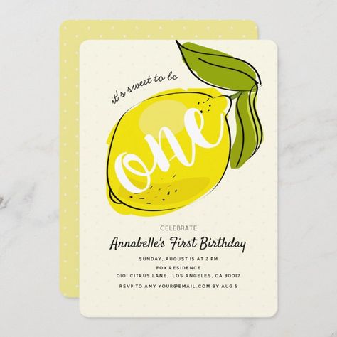 Cute Lemon 1st Birthday Yellow Party Invitation | Zazzle.com Lemon 1st Birthday, Lemon Birthday Party, First Birthday Invitation Cards, Lemon Birthday, Pink First Birthday, Lemon Theme, Yellow Party, Lemonade Party, Twins 1st Birthdays