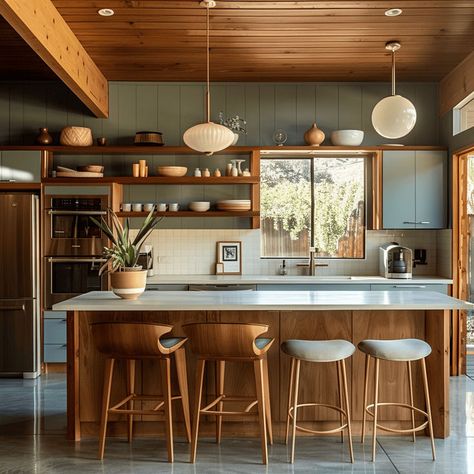 Mid-century modern kitchen inspired by nature with warm wood finishes, soft greens, and muted blues for tranquility Mcm Kitchen, Kitchen Guide, Home Decor Pieces, Mid Century Modern Kitchen, Cabin Kitchens, Mid Century Modern Interiors, Mid Century Kitchen, Kitchen Farmhouse, Smart Kitchen