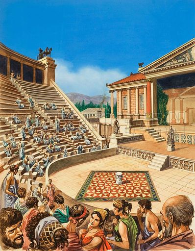 Greek theatre, picture, image, illustration Theatre Illustration, Ancient Greek Theatre, Greek Theatre, Classical Greece, Peter Jackson, Empire Romain, Greek Philosophers, Ancient Greek Architecture, Grece Antique