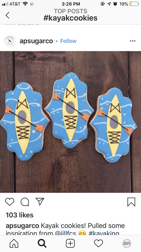 North Carolina Cookies Decorated, Boating Cookies Decorated, Lake Decorated Cookies, Kayak Cookies, Boat Cookies, House Cupcakes, Fishing Cookies, Cookies Summer, Camping Cookies